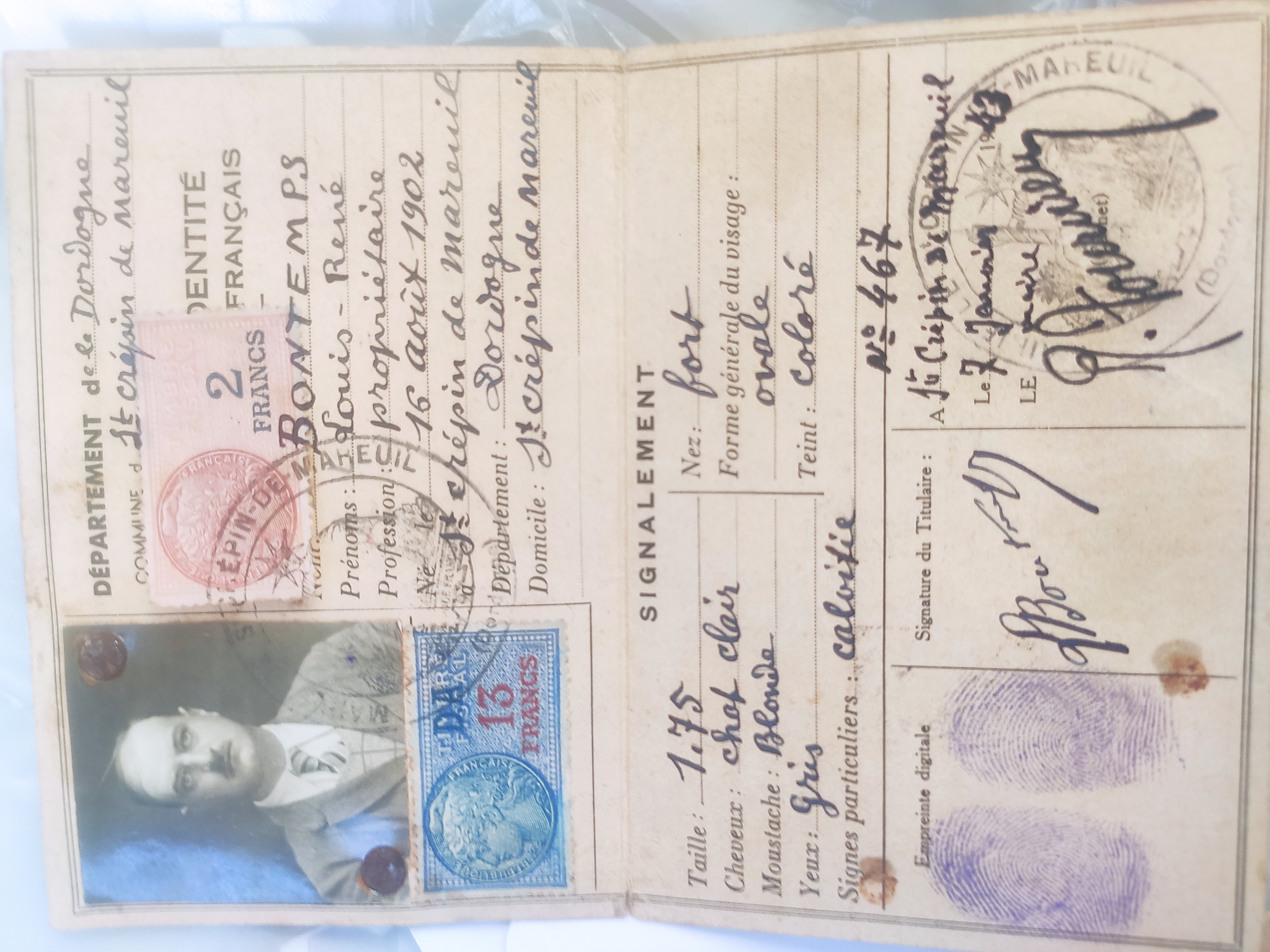 Carte Louis-René Bontemps janvier 1943